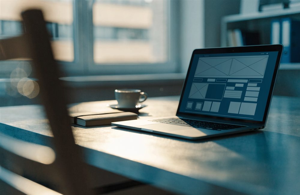 Meja kerja studio AeroHint dengan wireframe di layar laptop